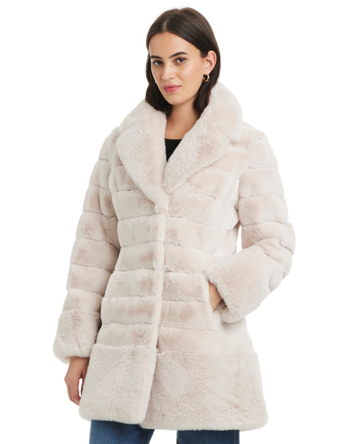 Jones New York Petite Notched-collar Faux-fur Coat In Neutral