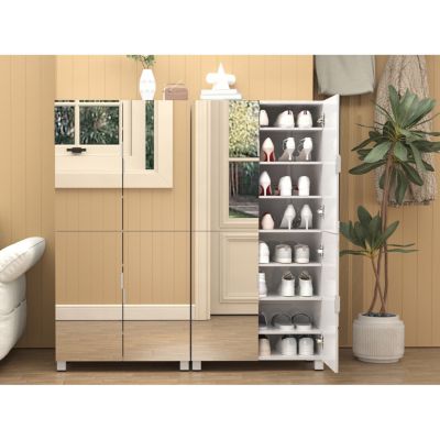 4-Drawer Shoe Cabinet with Mirror and 4-Door Closet (White
