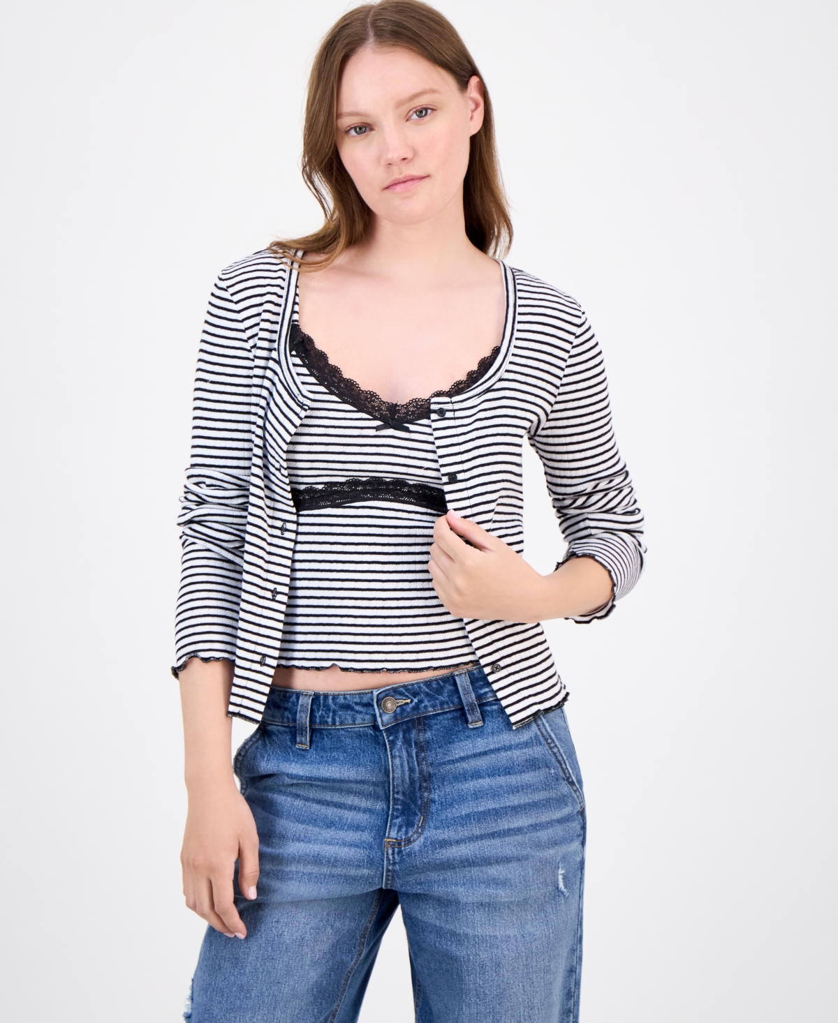 Juniors' Cotton Rib-Knit Striped Tank & Cardigan Set - Heather Grey White Stripe