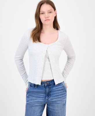 Juniors' Cotton Rib-Knit Striped Tank & Cardigan Set