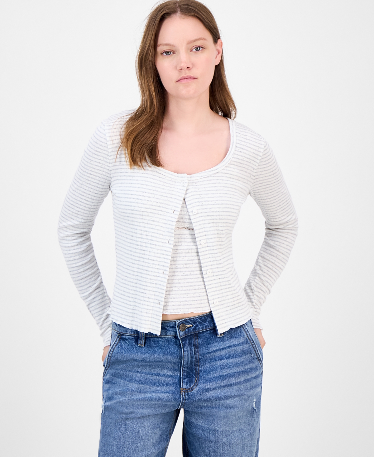 Juniors' Cotton Rib-Knit Striped Tank & Cardigan Set - Heather Grey White Stripe