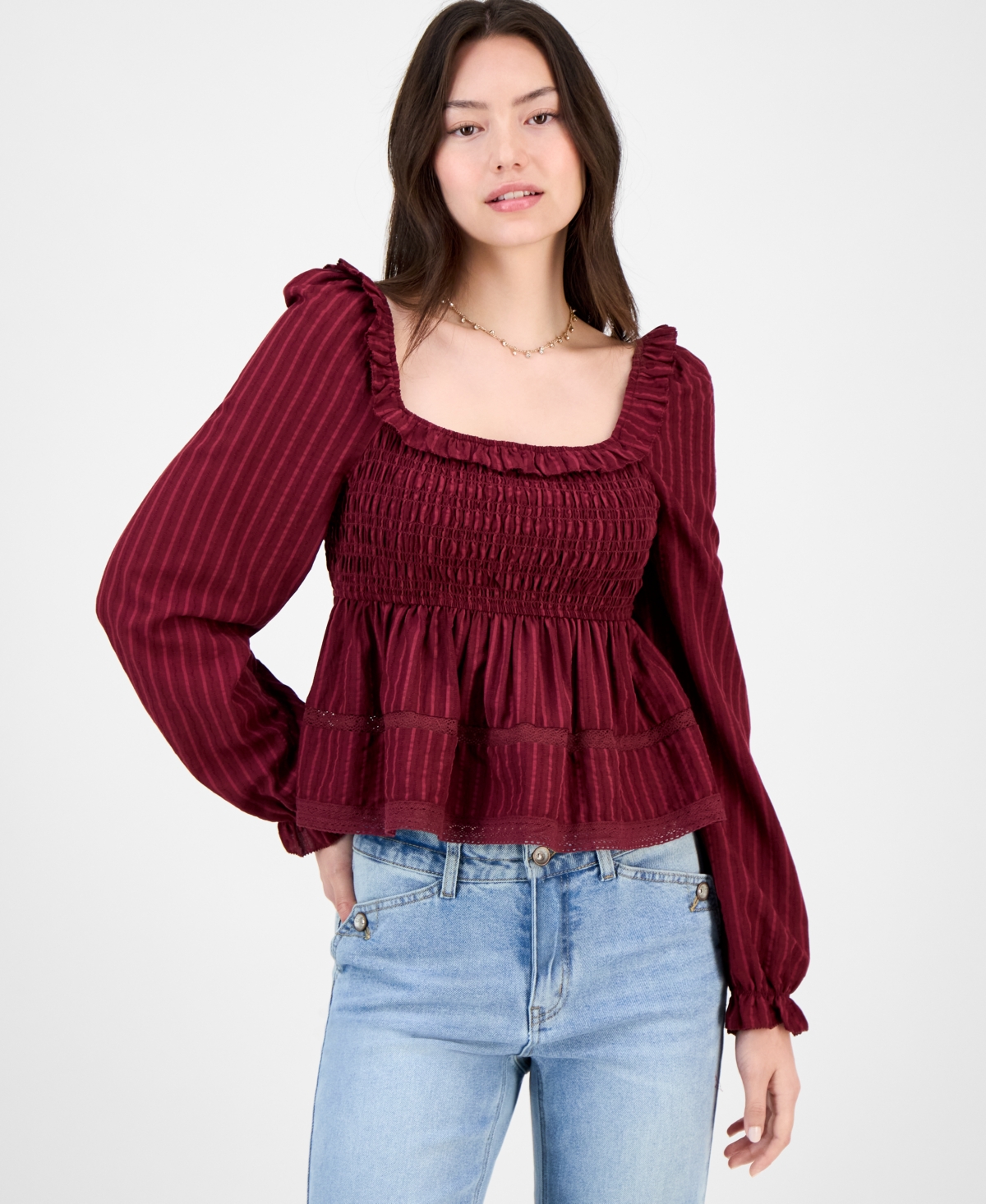Juniors' Smocked Ruffle-Trim Babydoll Top - Tawny Port