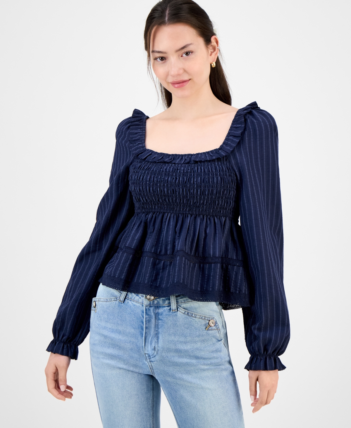 Juniors' Smocked Ruffle-Trim Babydoll Top - Tawny Port