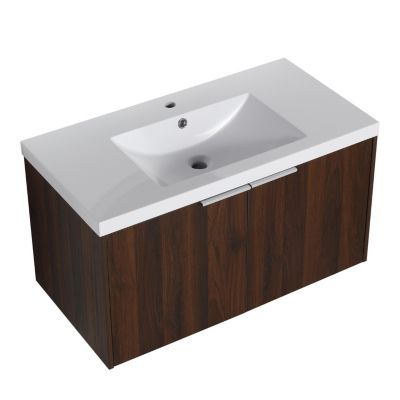 Modern Wall Mounted Vanity with Resin Sink, Storage Shelves, and Soft-Closing Doors