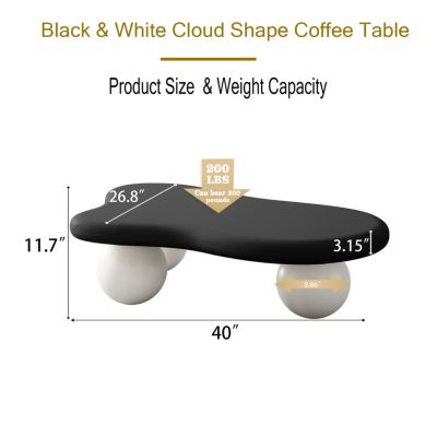 Streamdale 40 Inch Cloud Shaped Coffee Table with 3 Ball Legs for Living Room, Black Top White Legs