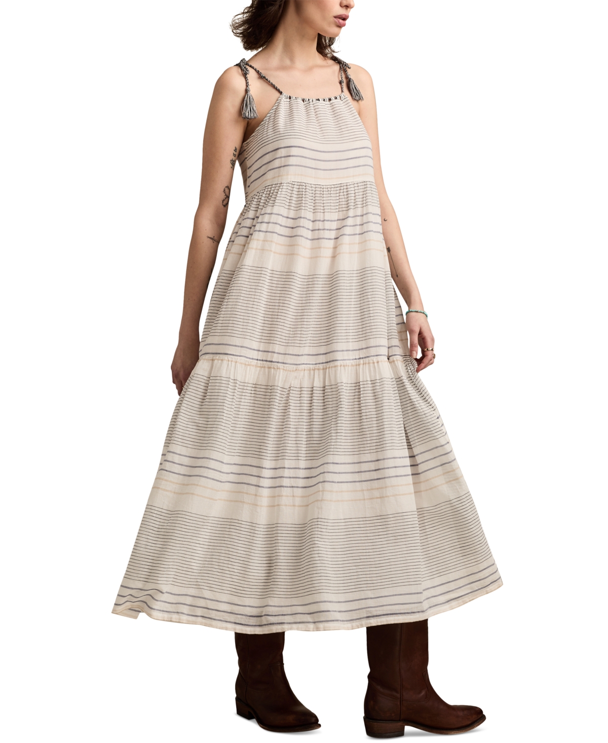 Lucky Brand Women's Striped Cotton Tiered Maxi Dress In Neutral