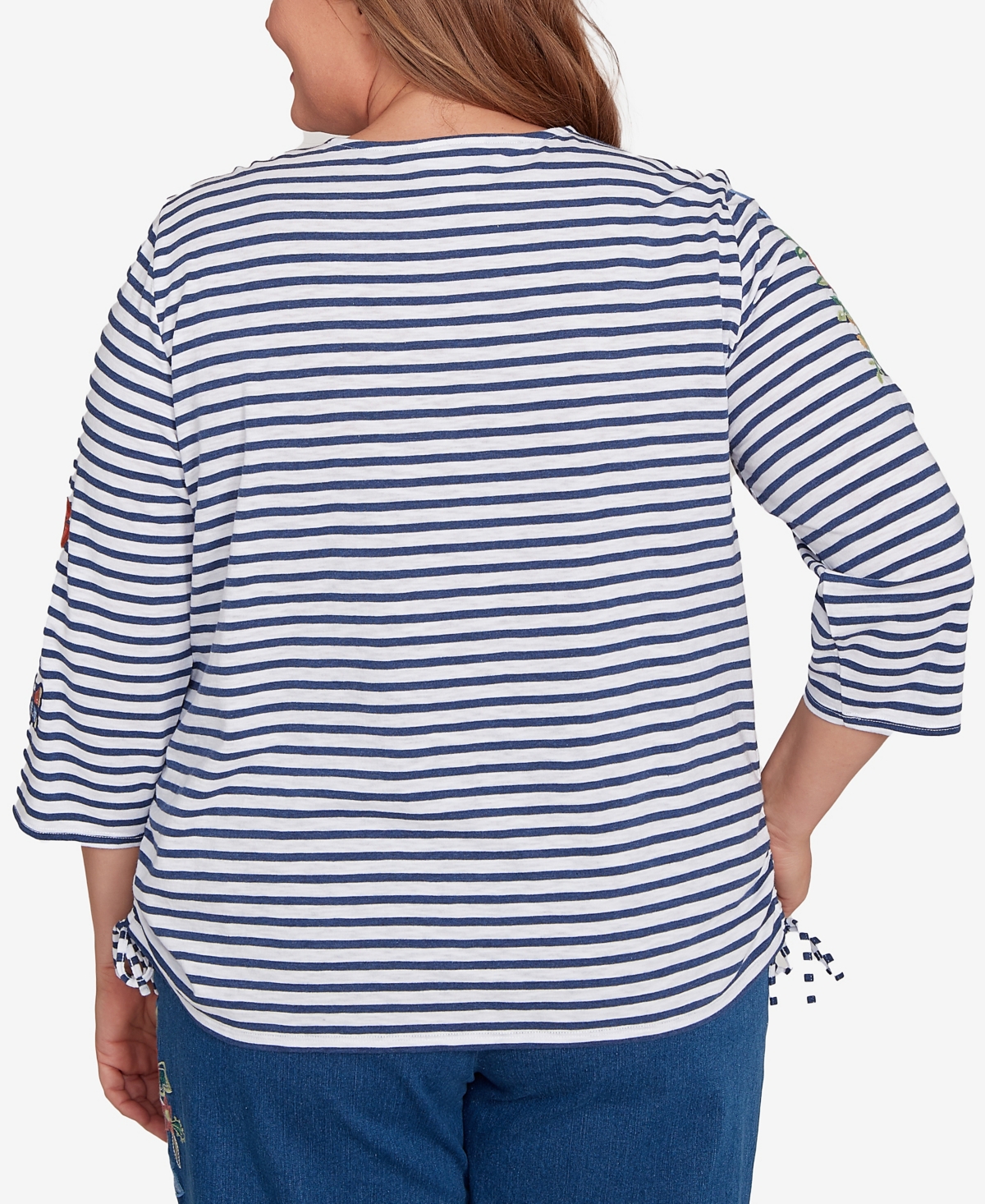 Alfred Dunner Plus Size El Paso Floral Stripe Ruched Sides Top In Blue