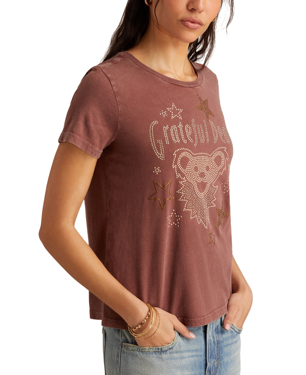 LUCKY BRAND WOMEN'S COTTON STUDDED GRATEFUL DEAD BEAR T-SHIRT 