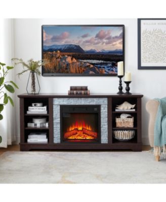 Cherry TV Stand with Stacked Stone Electric Fireplace