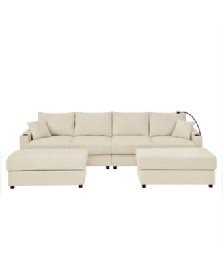 U-Shaped Beige Corduroy Couch with Storage Ottomans