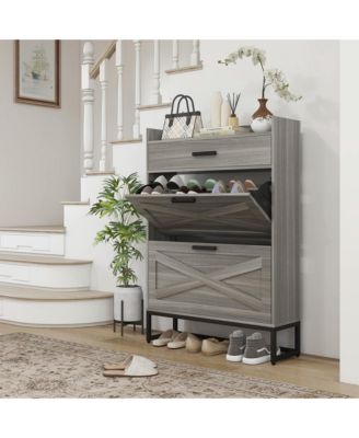 Narrow Shoe Cabinet, Industrial Shoe Storage Cabinet with 2 Flip Drawers, Adjustable Shelves, and Top Drawer, Entryway Hidden Shoe Storage for 12 Pairs of Shoes, Distressed Gray