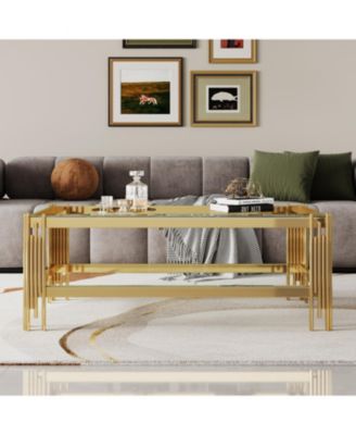  Top and Bottom Double Layer Tempered Glass Coffee Table and Mirror Finished Stainless Steel Frame