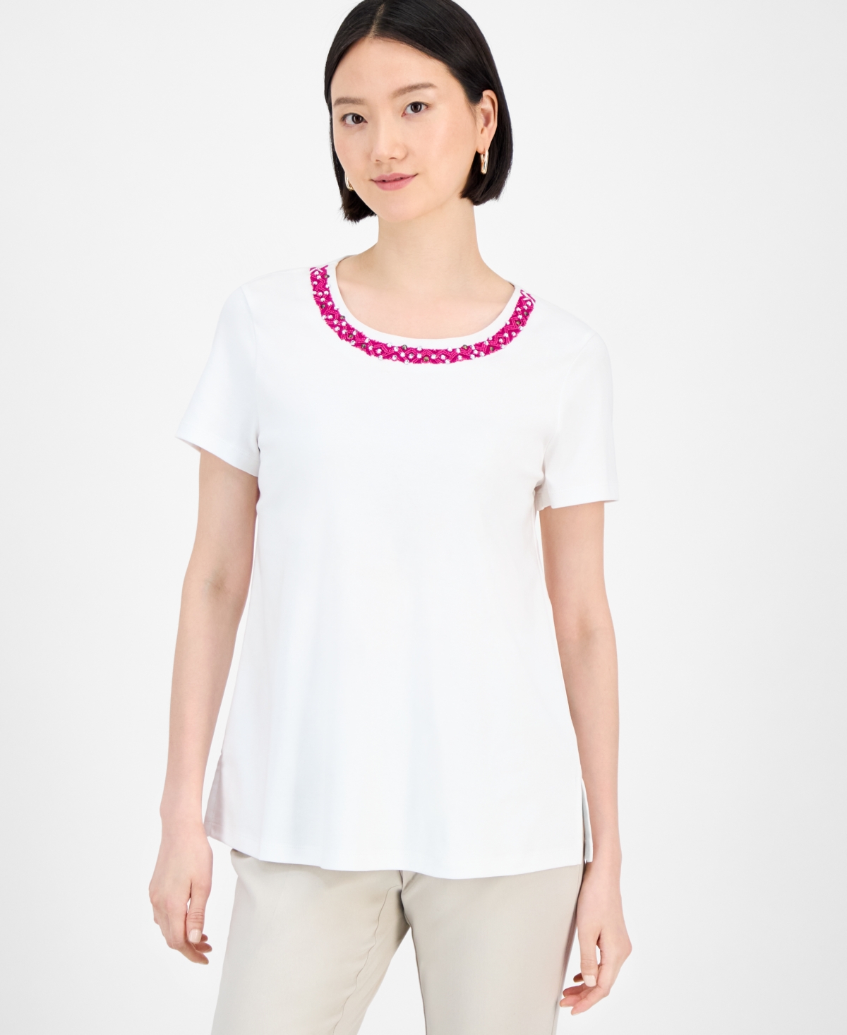 Jm Collection Women's Cotton Beaded-neck T-shirt, Exclusively At Macy's In White