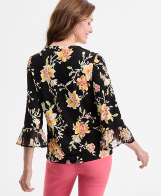 Petite Floral Mixed-Media Ruffle-Sleeve Split-Neck Top, Exclusively at Macy's 