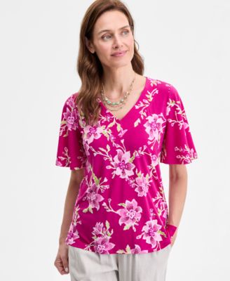 JM Collection - Women's Farrah Floral V-Neck Top