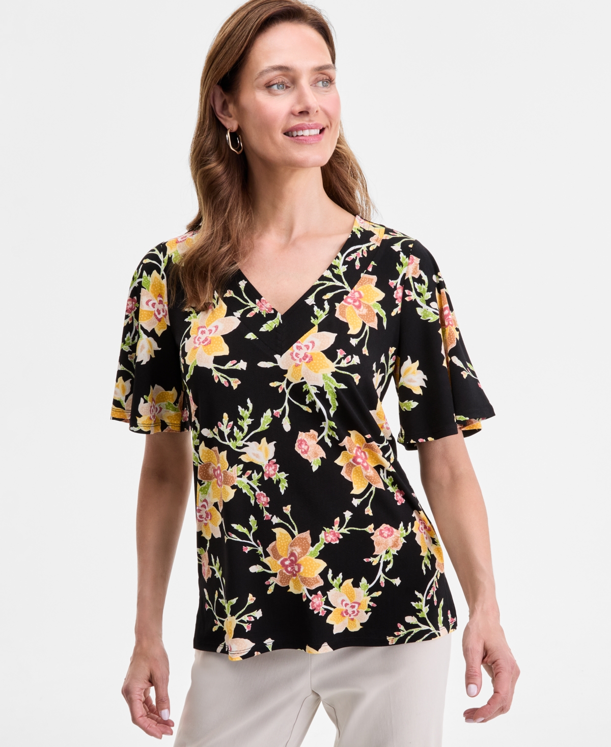 Women's Printed Crepe V-Neck Short Sleeve Top, Exclusively at Macy's - Purple Fizz Combo
