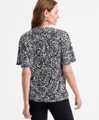Women's Printed V-Neck Short Sleeve Knit Top, Exclusively at Macy's 