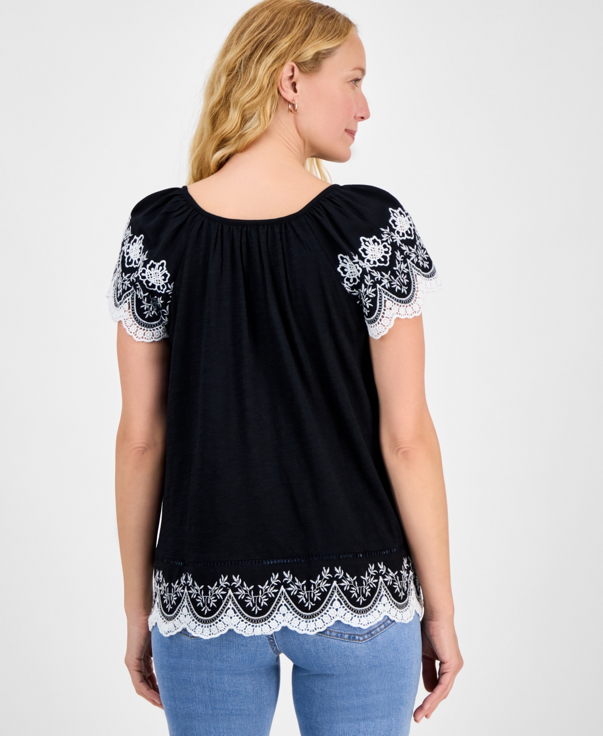 Style & Co Women's Scoop-neck Embroidered Short-sleeve Top, Exclusively At Macy's