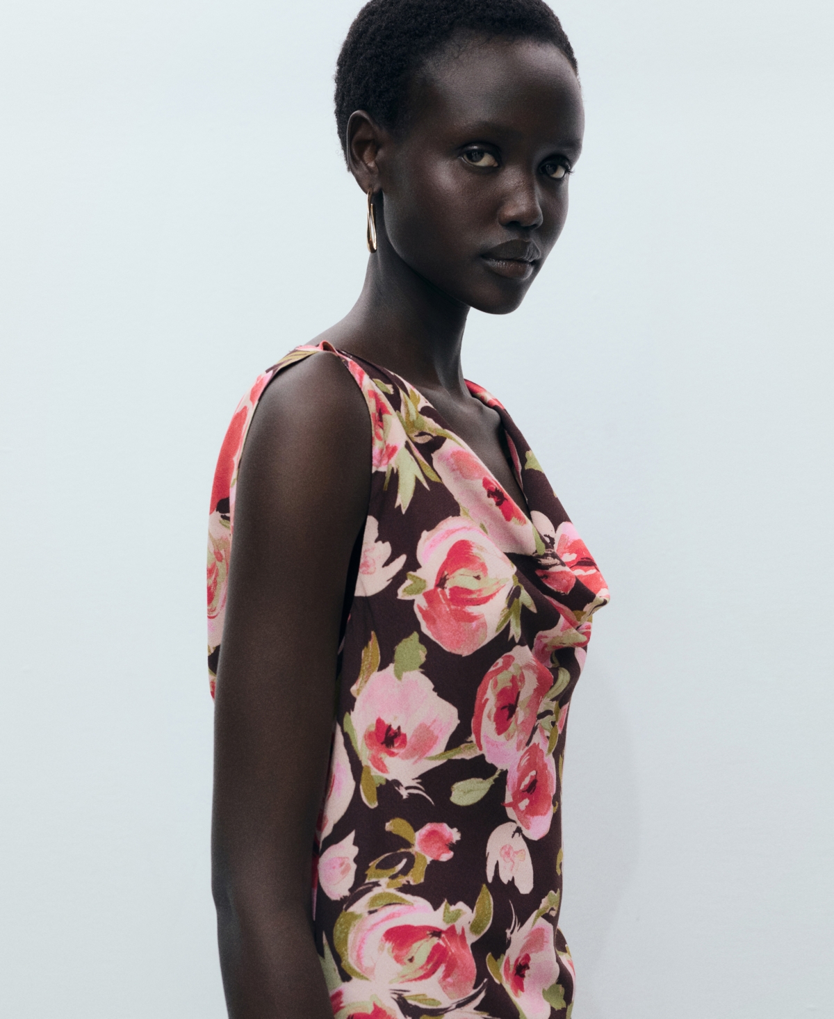 Mango Floral Print Cowl Neck Sleeveless Midi Dress