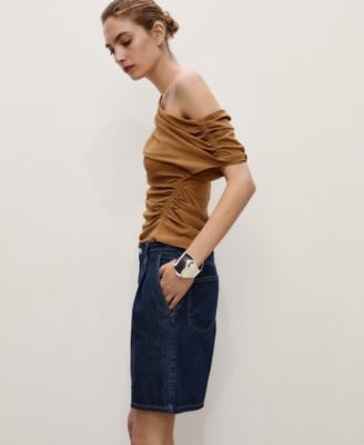 Women's Rinse-Wash Denim Pleated Bermuda Shorts