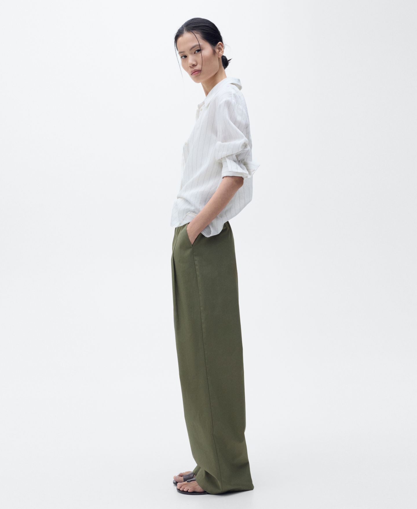 Женские брюки Mango Belted Wide Leg Cotton, цвет: Хаки — фото 3