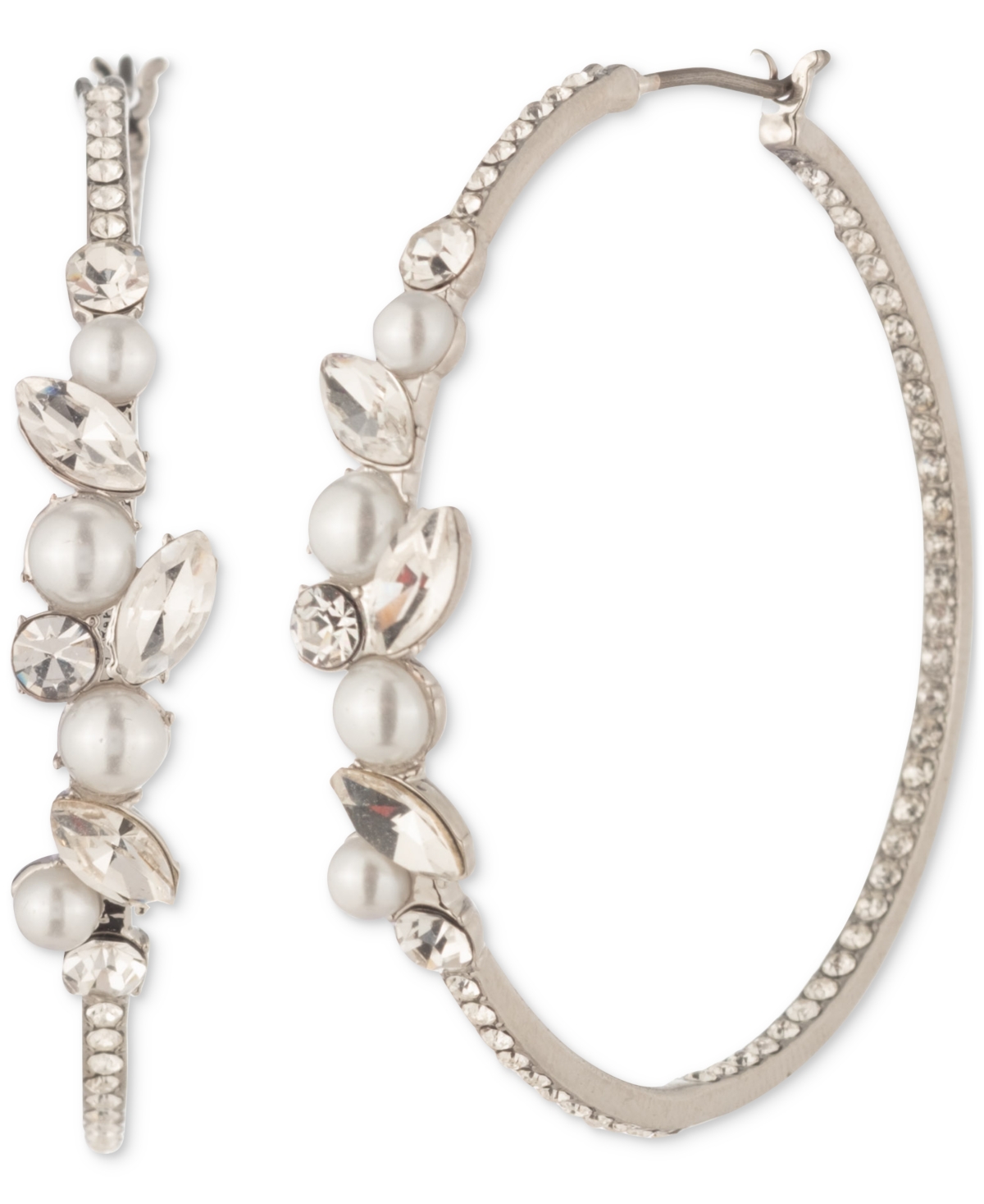 Silver-Tone Medium Crystal & Imitation Pearl Hoop Earrings, 1.57" - White