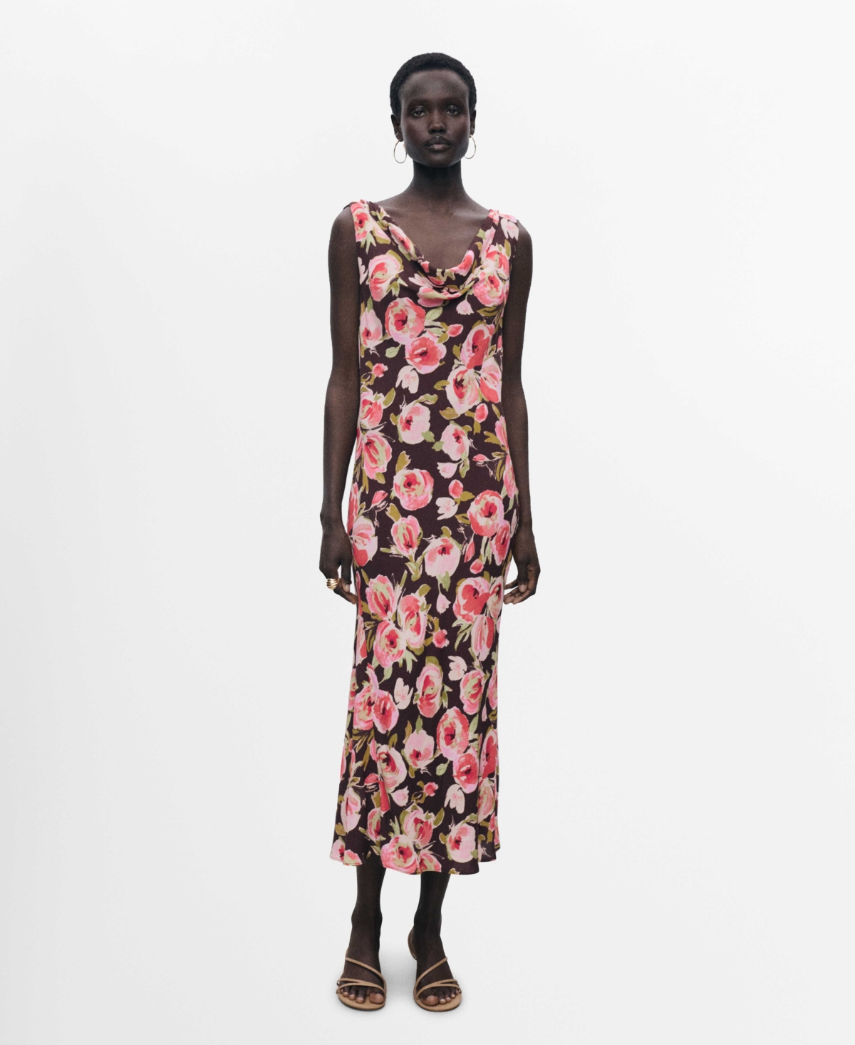 Mango Floral Print Cowl Neck Sleeveless Midi Dress
