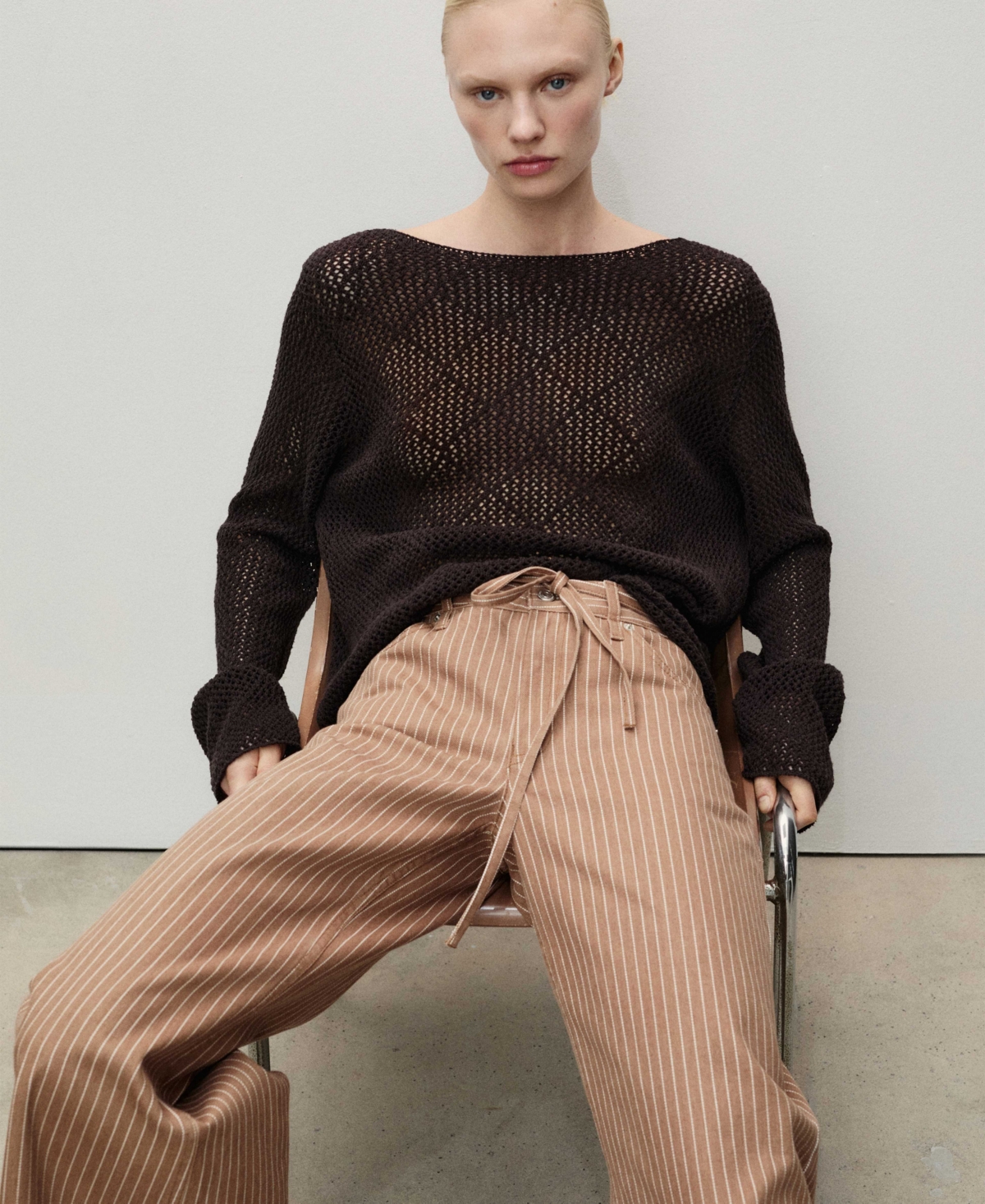 Mango Belted Stripe Wide Leg Jeans