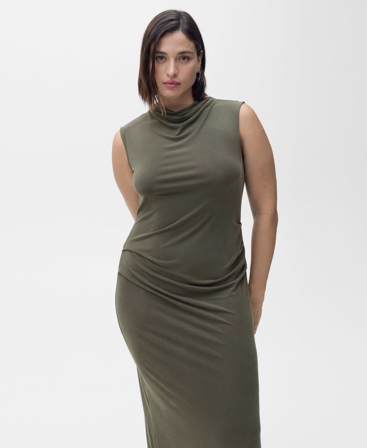 Mango Draped Sleeveless Modal Blend Maxi Dress In Green