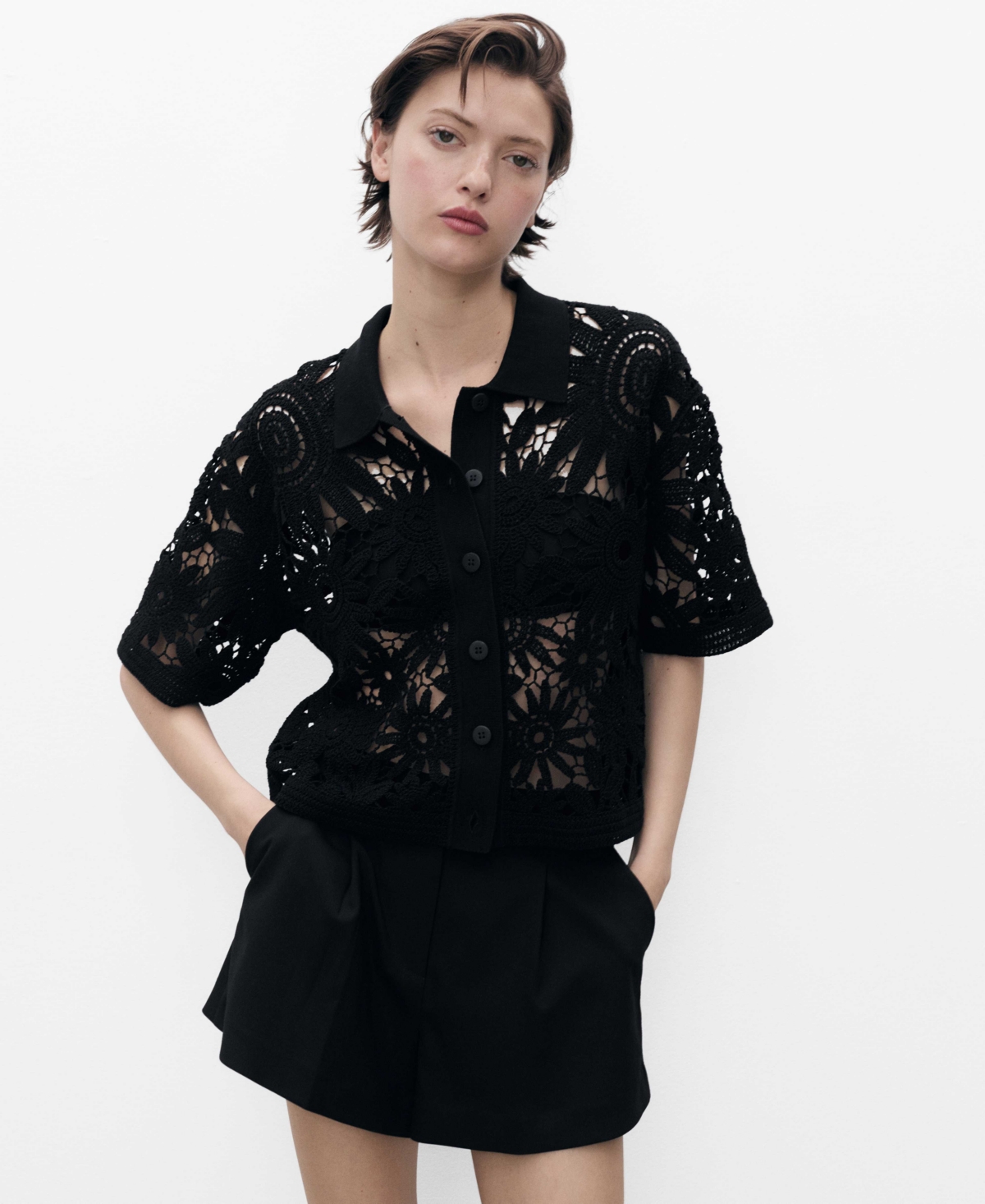 Mango Women's Short-Sleeved Crochet Cardigan