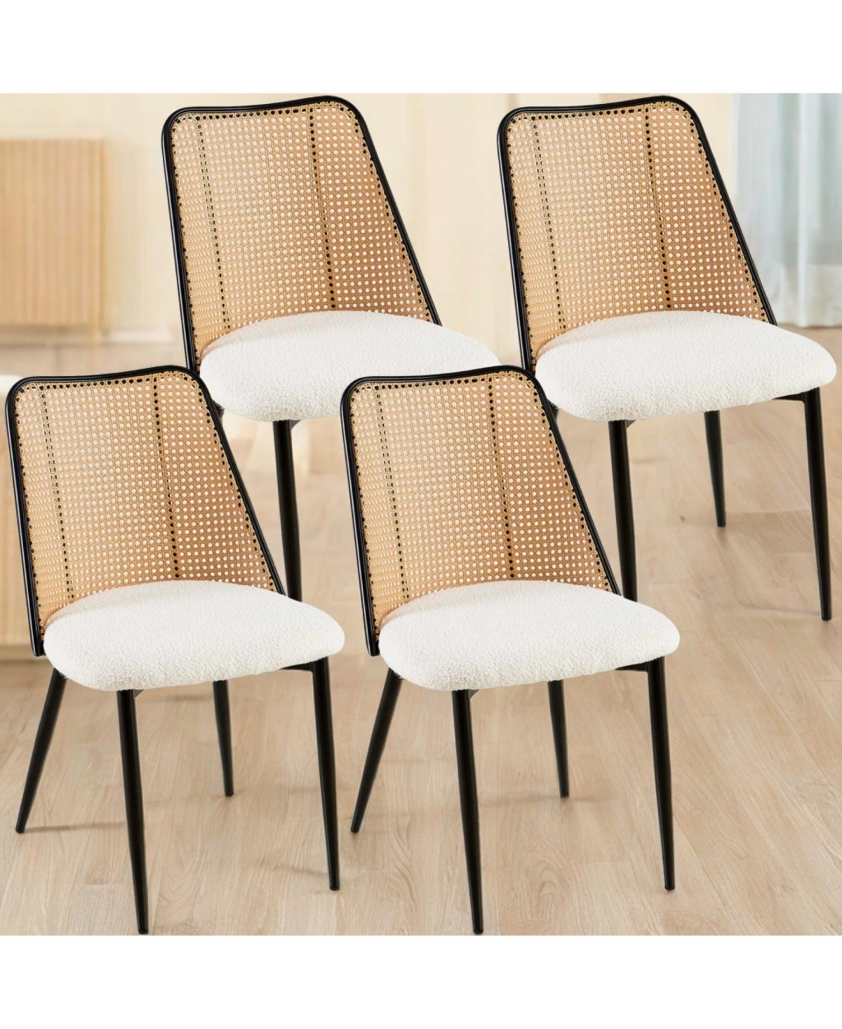 Streamdale Off-White Rattan Dining Chairs (Set of 4) with Cane Backs