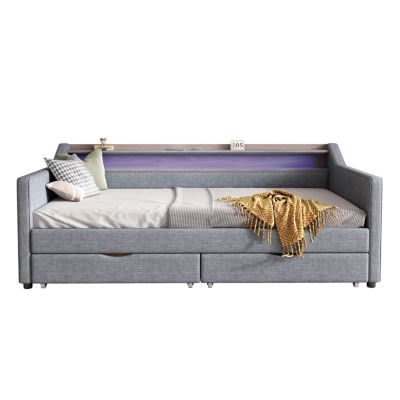 Twin Daybed with Storage, Shelves & USB Ports, Linen Upholstered Sofa with LED Light