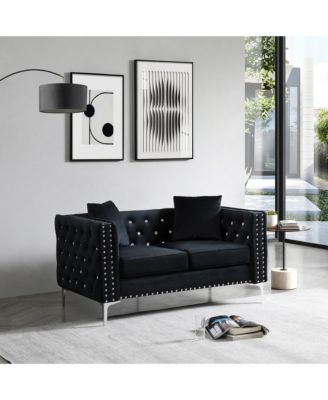 Streamdale 59.4 Inch Wide Velvet Sofa With Jeweled Buttons, Square Arm, 2 Pillows