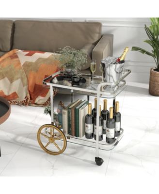 2-Tier Tempered Glass Bar Cart with 2 Large Aluminum Wheels and 2 Rolling Casters