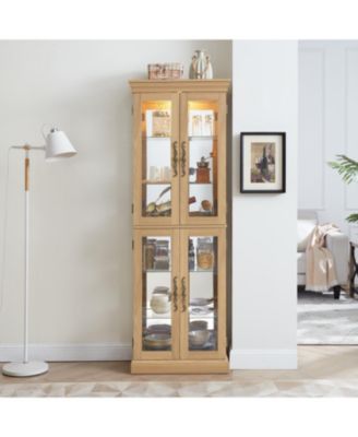 Elegant Glass Display Cabinet with Lighting and Light Oak Frame