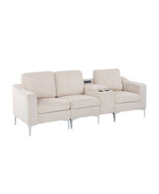 Convertible Sectional Corduroy Sofa with Cupholders, USB,Three-seater,Beige