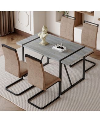 Streamdale Modern Grey Marble Table with Metal Frame and 4 Arched Brown Fabric Chairs