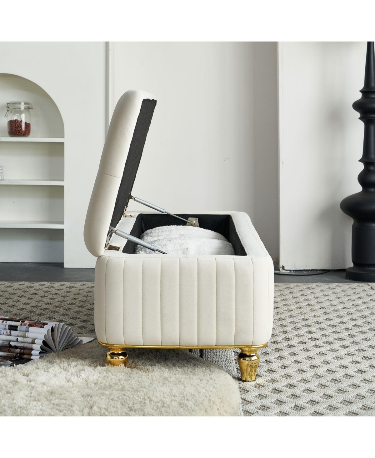 Streamdale Beige Velvet Storage Ottoman with Gold Decor
