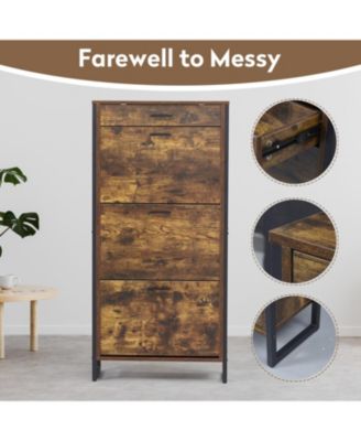 3-Drawer Slim Shoe Cabinet with Metal Handle, Black