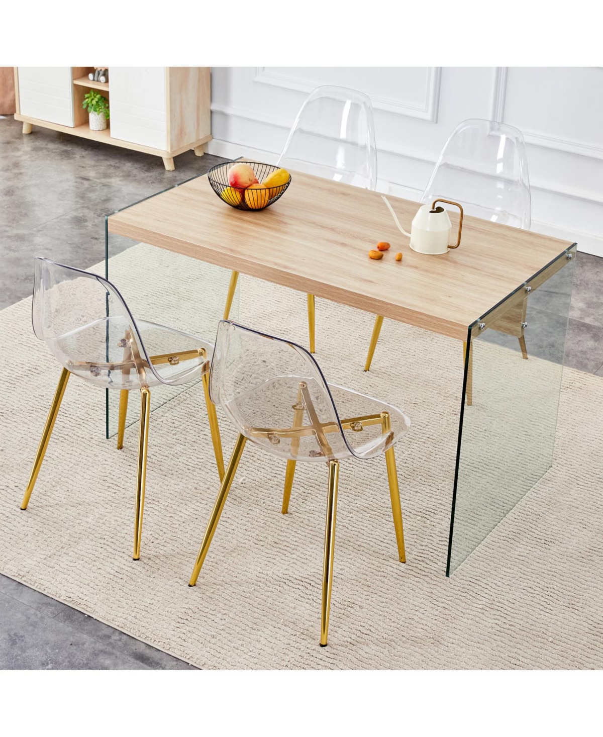 Streamdale Contemporary Wood Table and Chair Set Textured Mdf Table with Tempered Glass Legs and 4 Acrylic Chairs on Gold Bases