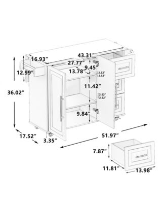 52" Solid Wood, E1 MDF Folding Desktop, 3 Drawers, Cabinet, Side Shelf, Locking Wheels Kitchen Island Cart