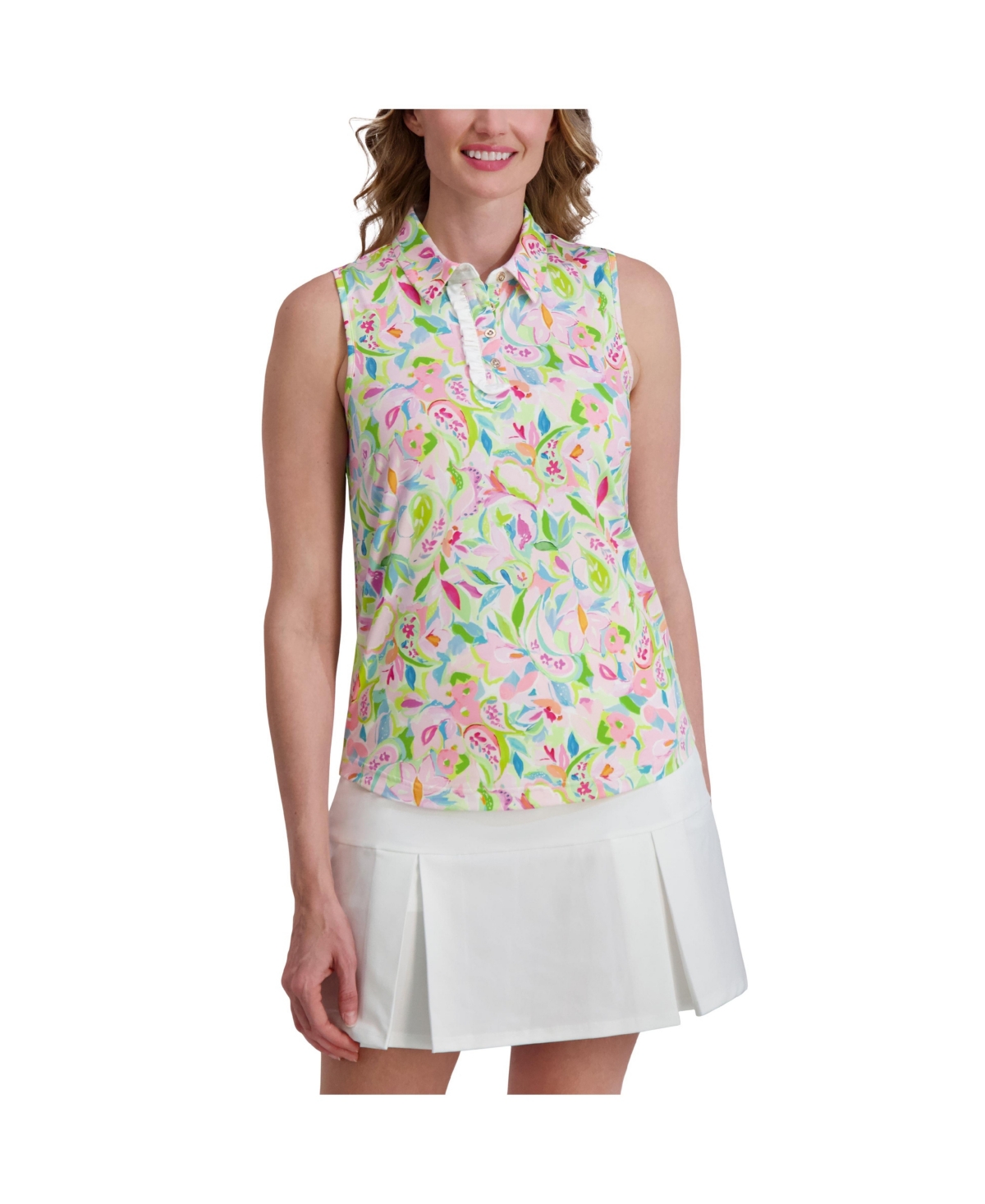 Women's Ruffle Front Sleeveless Polo - Floral vine