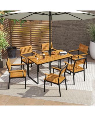 Patio Outdoor Dining Chair Set of 2 with Metal and Acacia Wood Frame