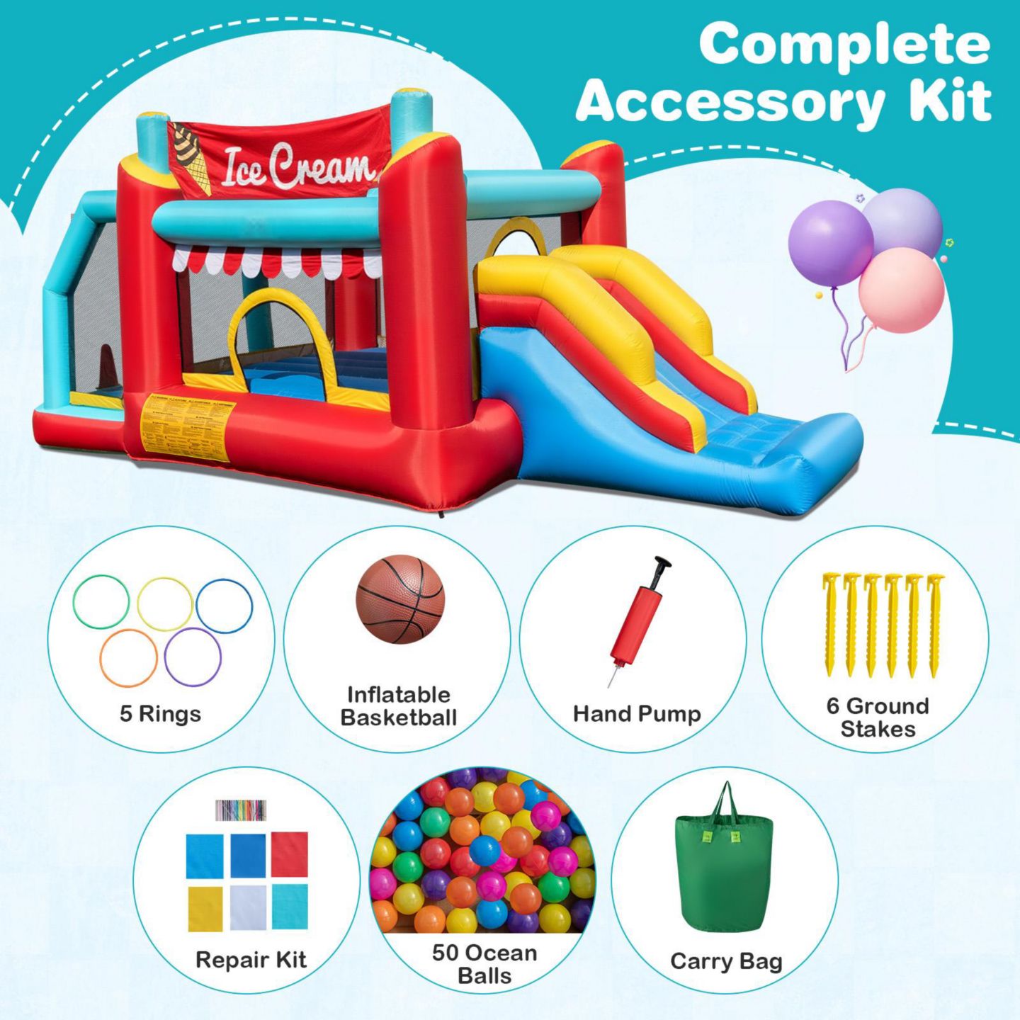 Детская игрушка GOUUN 5-in-1 Ice Cream 187"L x 88"W x 79"H Inflatable Bounce House, Up to 2 Players, Ages 3+, цвет: Синий — фото 6