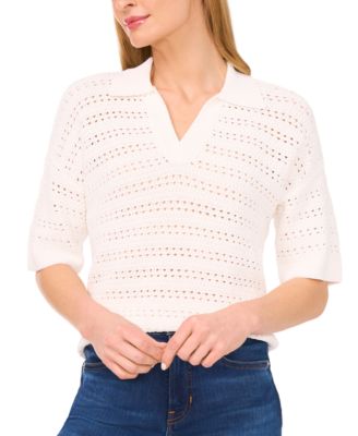 CeCe - Women's Open-Knit Short-Sleeve Polo Sweater