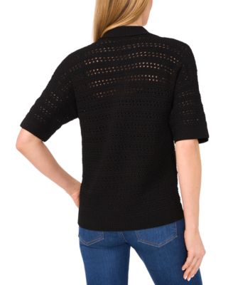Women's Open-Knit Short-Sleeve Polo Sweater