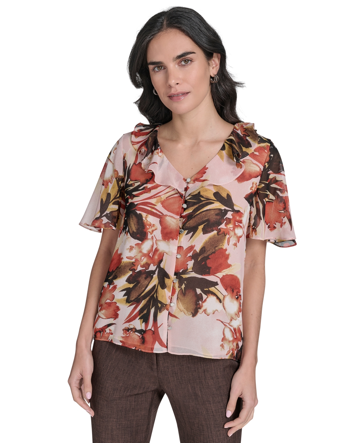Women's Printed Ruffle-Neck Button-Front Blouse - Pink Pepper Multi
