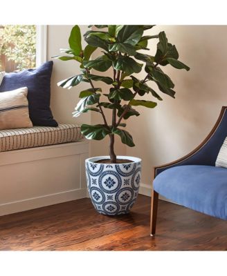 Blue and White Flower Pattern Round Tapered 11.8-Inch Tall Mgo Planter, Indoor and Outdoor