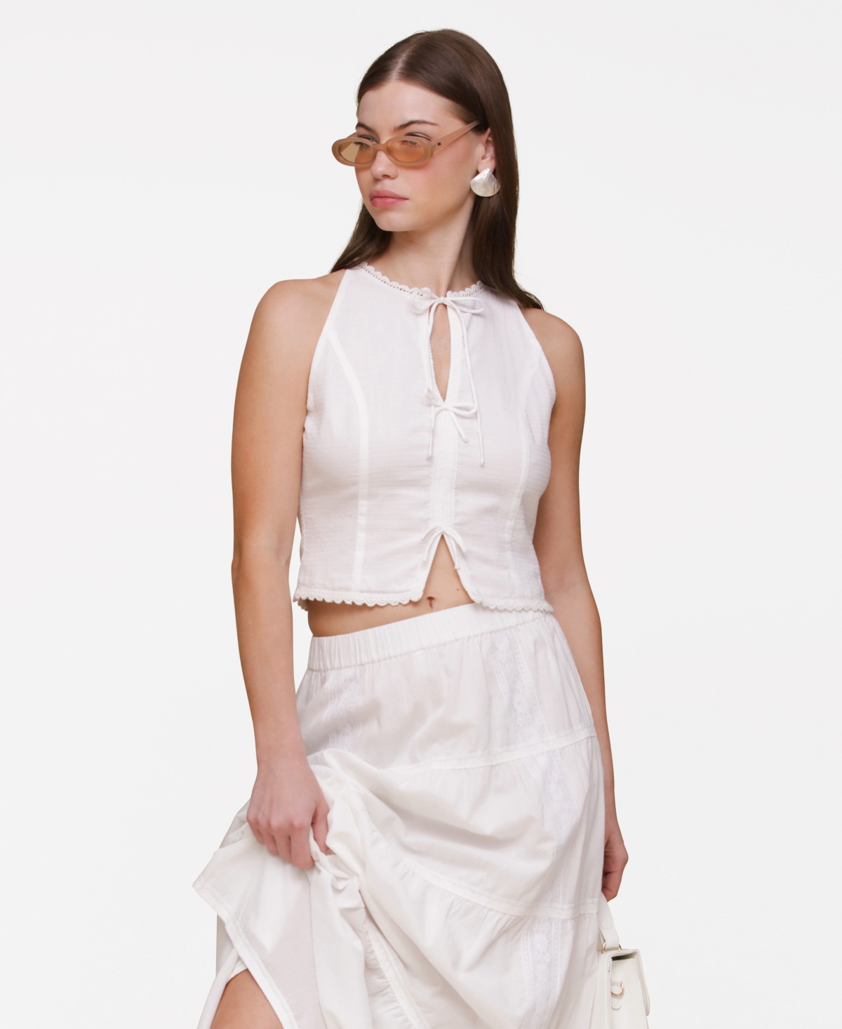 Avec Les Filles Women's Lace-up Cotton Halter Top In White