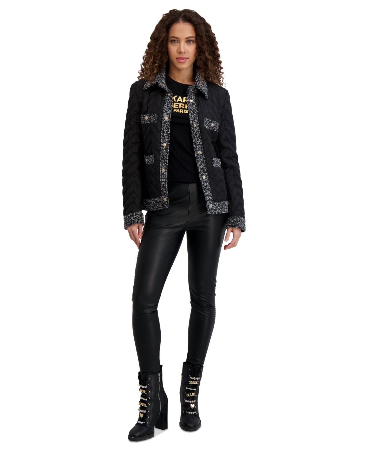 Karl Lagerfeld Women's Quilted Tweed-trim Coat In Black